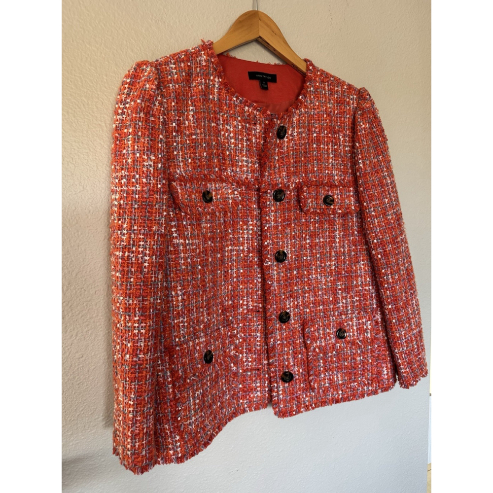 Ann Taylor Tweed Jacket 12Tall Fringe Edge Orange Spark Lined Decorative Buttons - Picture 5 of 11